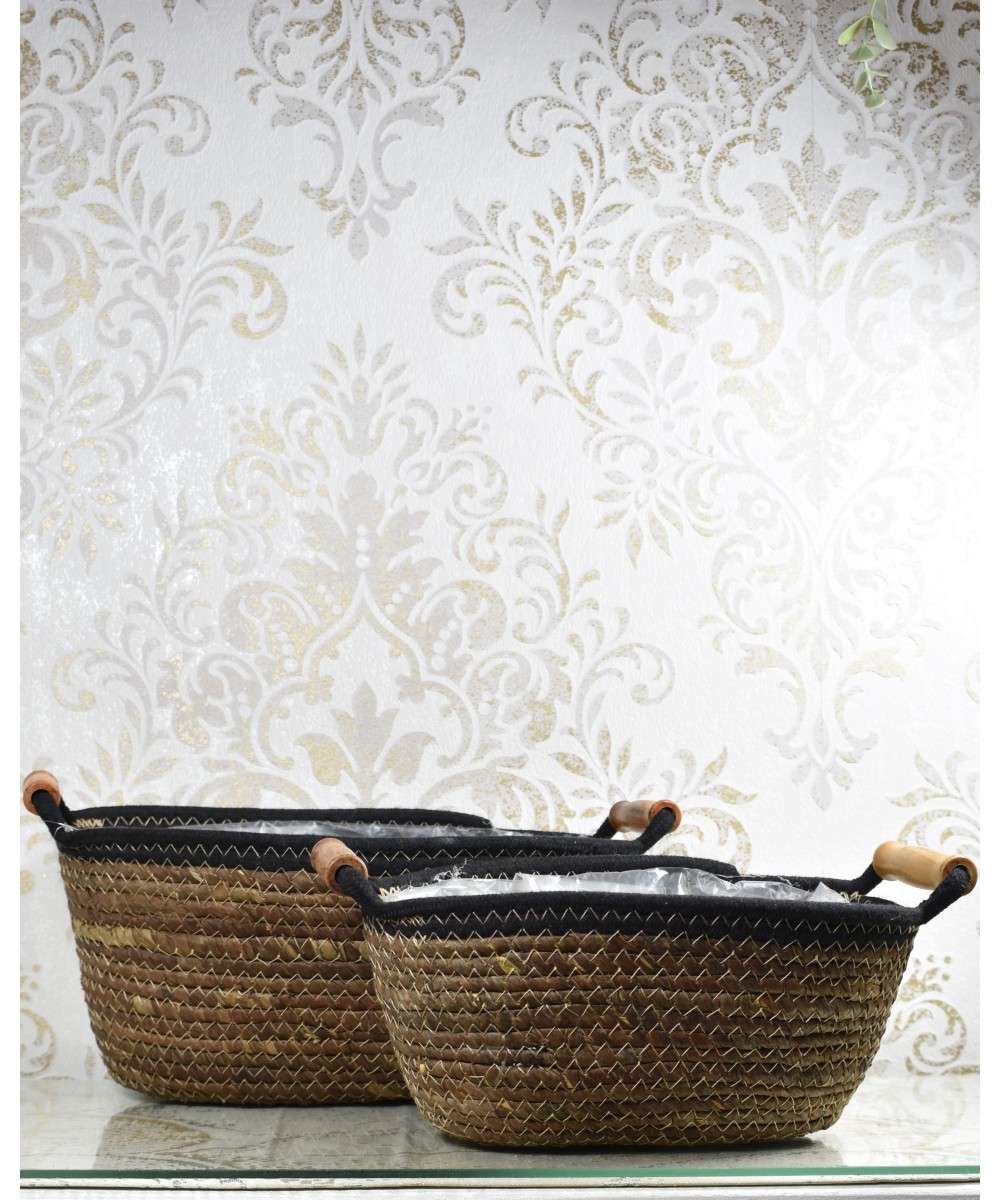 Set de maceteros de fibra natural con asas de madera | Cubremacetas decorativos