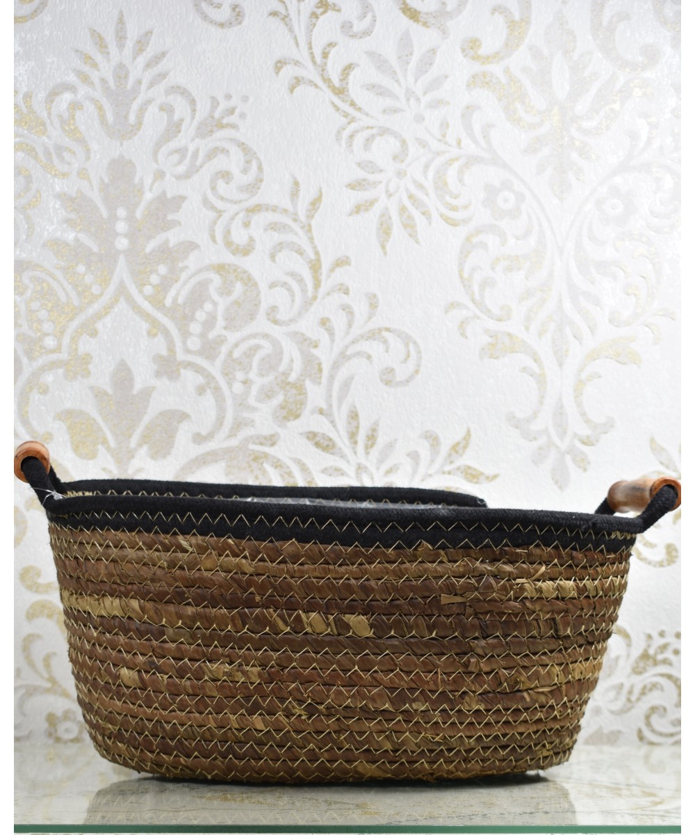 Set de maceteros de fibra natural con asas de madera | Cubremacetas decorativos