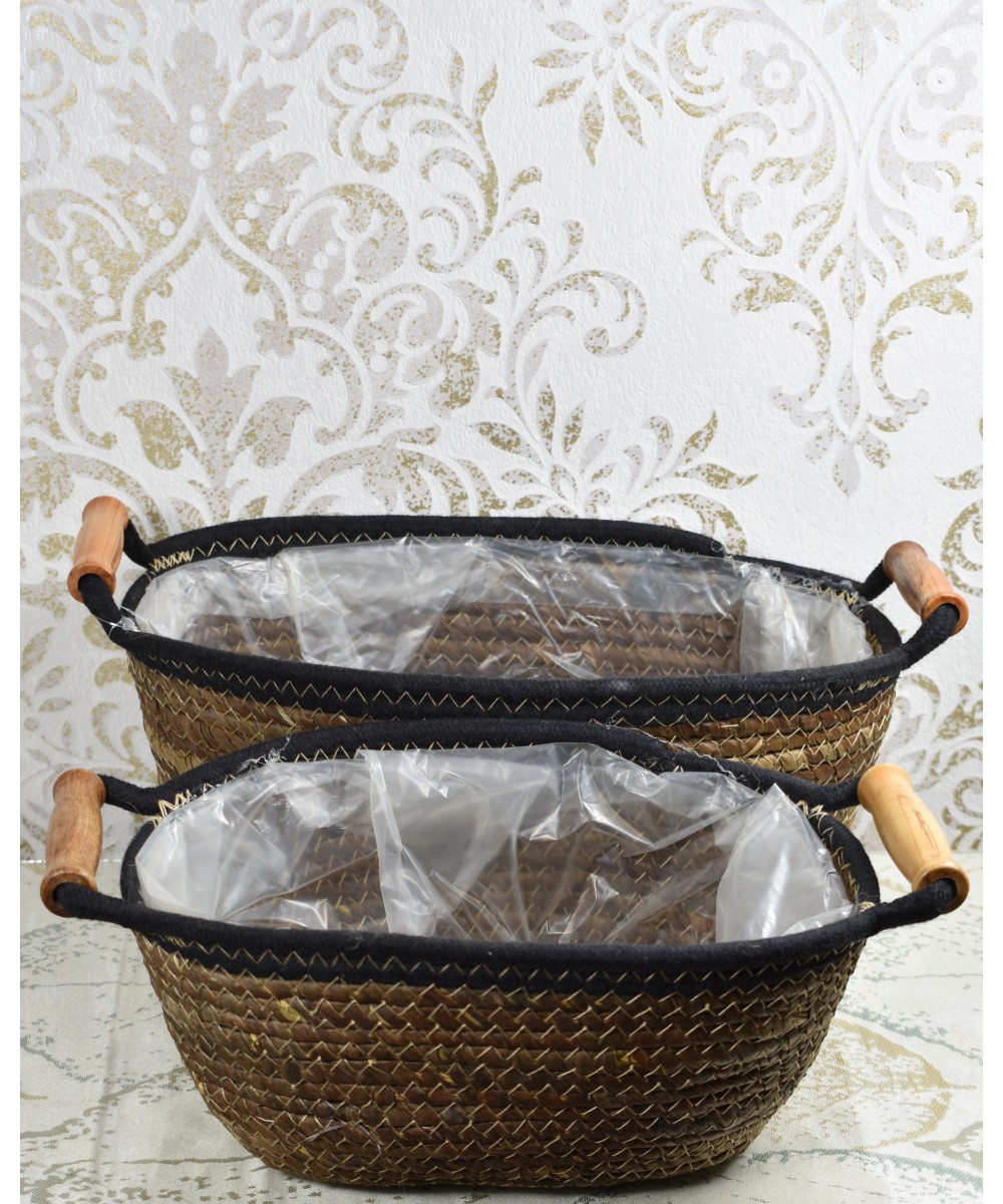 Set de maceteros de fibra natural con asas de madera | Cubremacetas decorativos