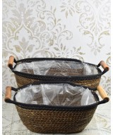 Set de maceteros de fibra natural con asas de madera | Cubremacetas decorativos