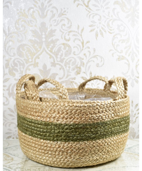 Cesta de fibra natural con franja verde | Cubremacetas decorativo