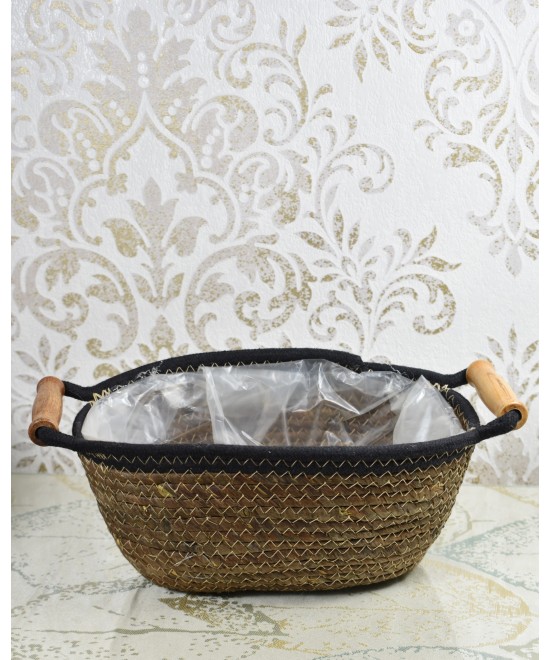 Set de maceteros de fibra natural con asas de madera | Cubremacetas decorativos
