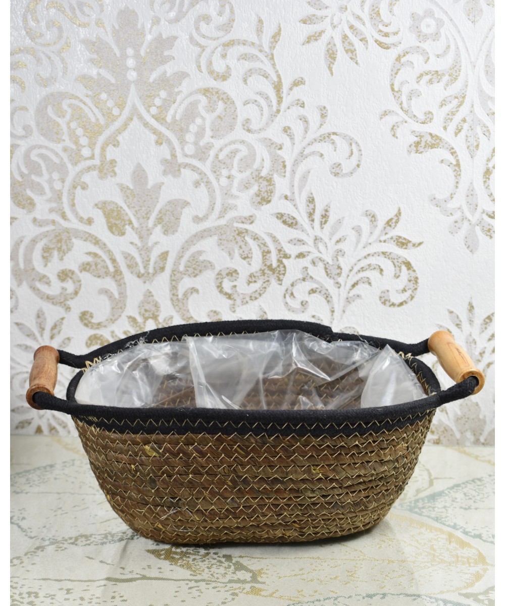 Set de maceteros de fibra natural con asas de madera | Cubremacetas decorativos