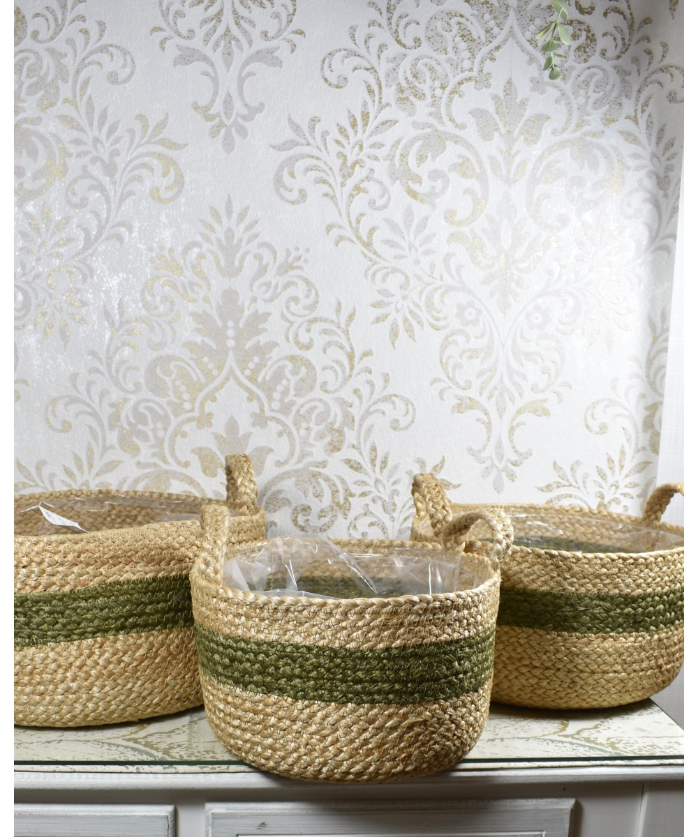 Cesta de fibra natural con franja verde | Cubremacetas decorativo