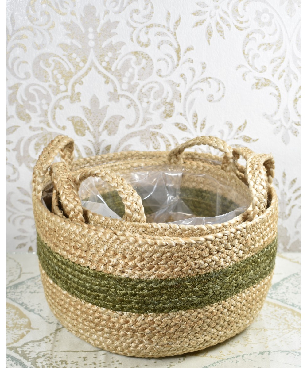 Cesta de fibra natural con franja verde | Cubremacetas decorativo