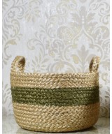 Cesta de fibra natural con franja verde | Cubremacetas decorativo