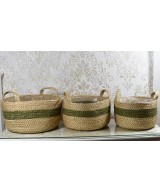 Cesta de fibra natural con franja verde | Cubremacetas decorativo