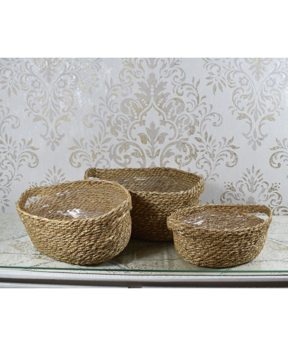 Cesta redonda de fibra natural | Cubremacetas decorativo con asas