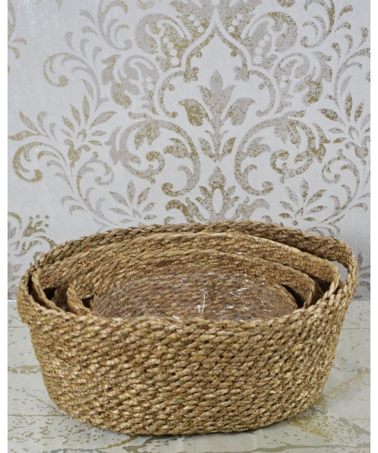 Cesta redonda de fibra natural | Cubremacetas decorativo con asas