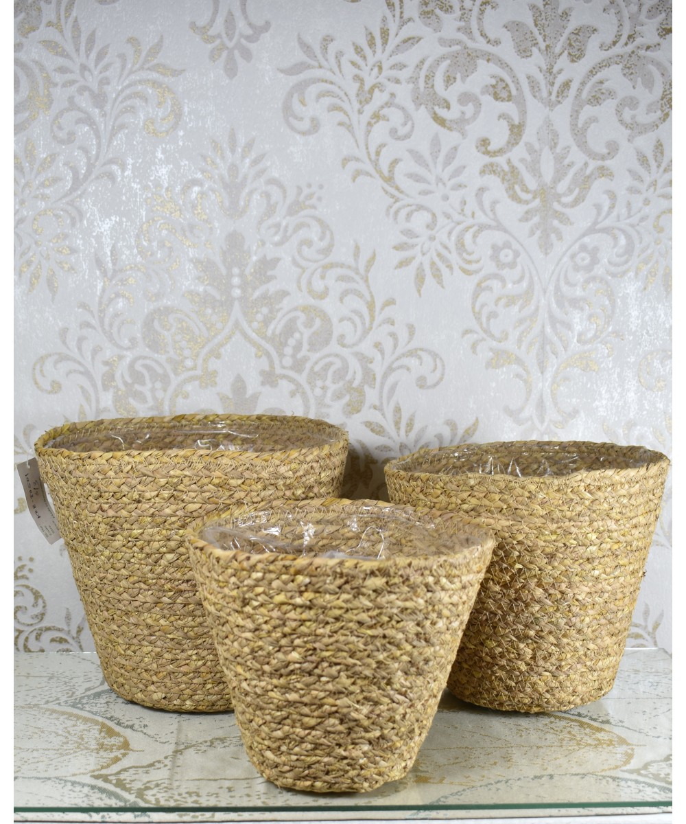 Macetero de fibra natural trenzada | Cubremacetas cónico decorativo