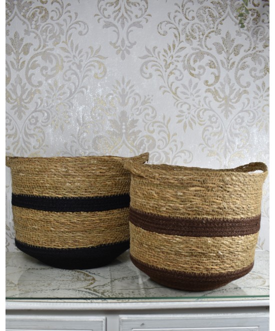 Set de cestas de fibra natural con franjas decorativas | Cubremacetas y decoración