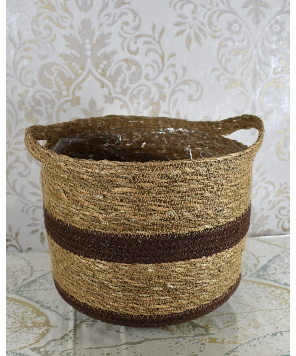 Set de cestas de fibra natural con franjas decorativas | Cubremacetas y decoración