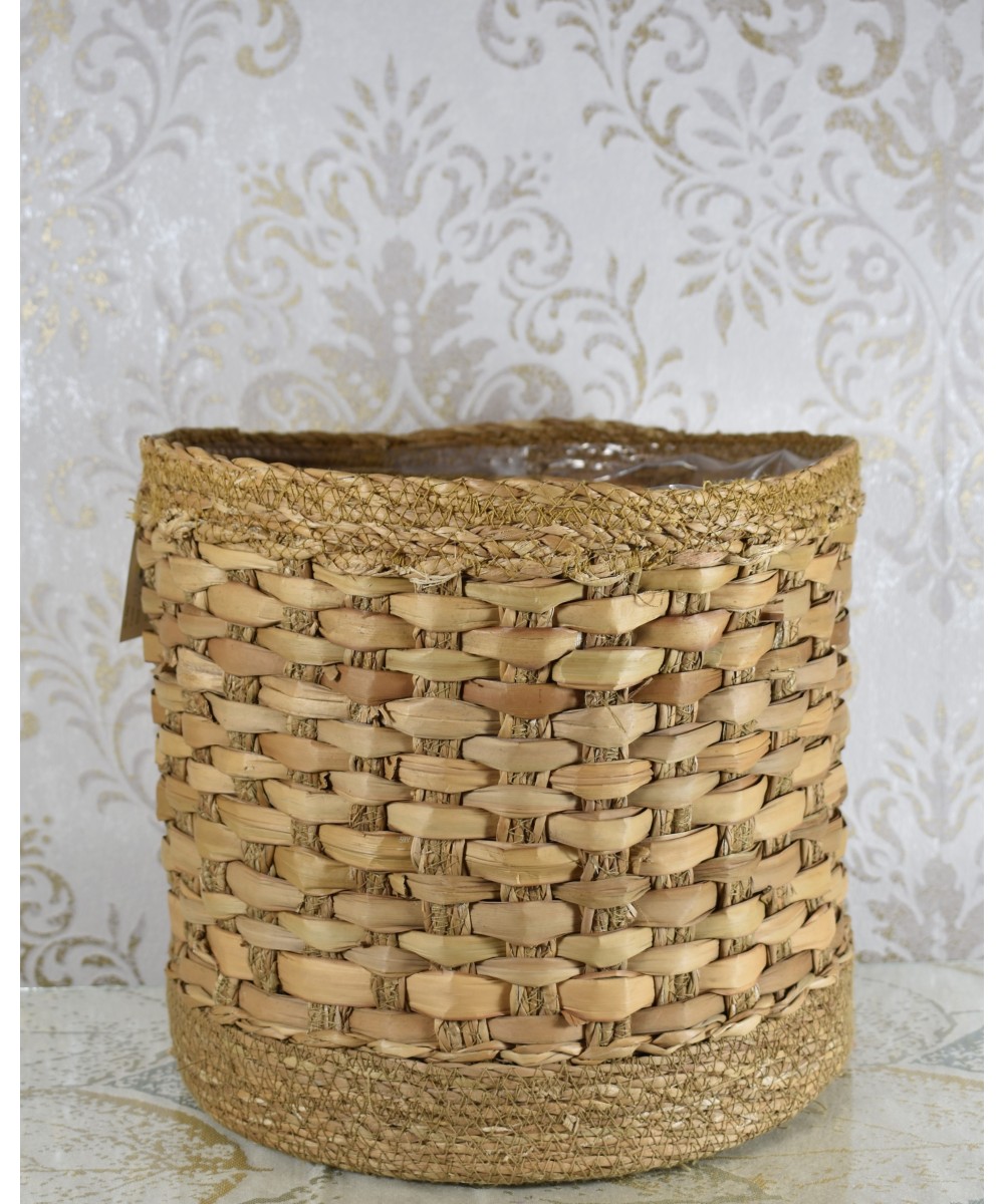 Cesta de fibra natural trenzada | Cubremacetas decorativo artesanal