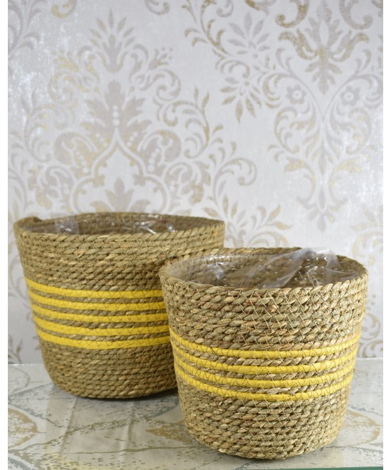 Maceteros de fibra natural amarillos | Cubremacetas decorativos artesanales