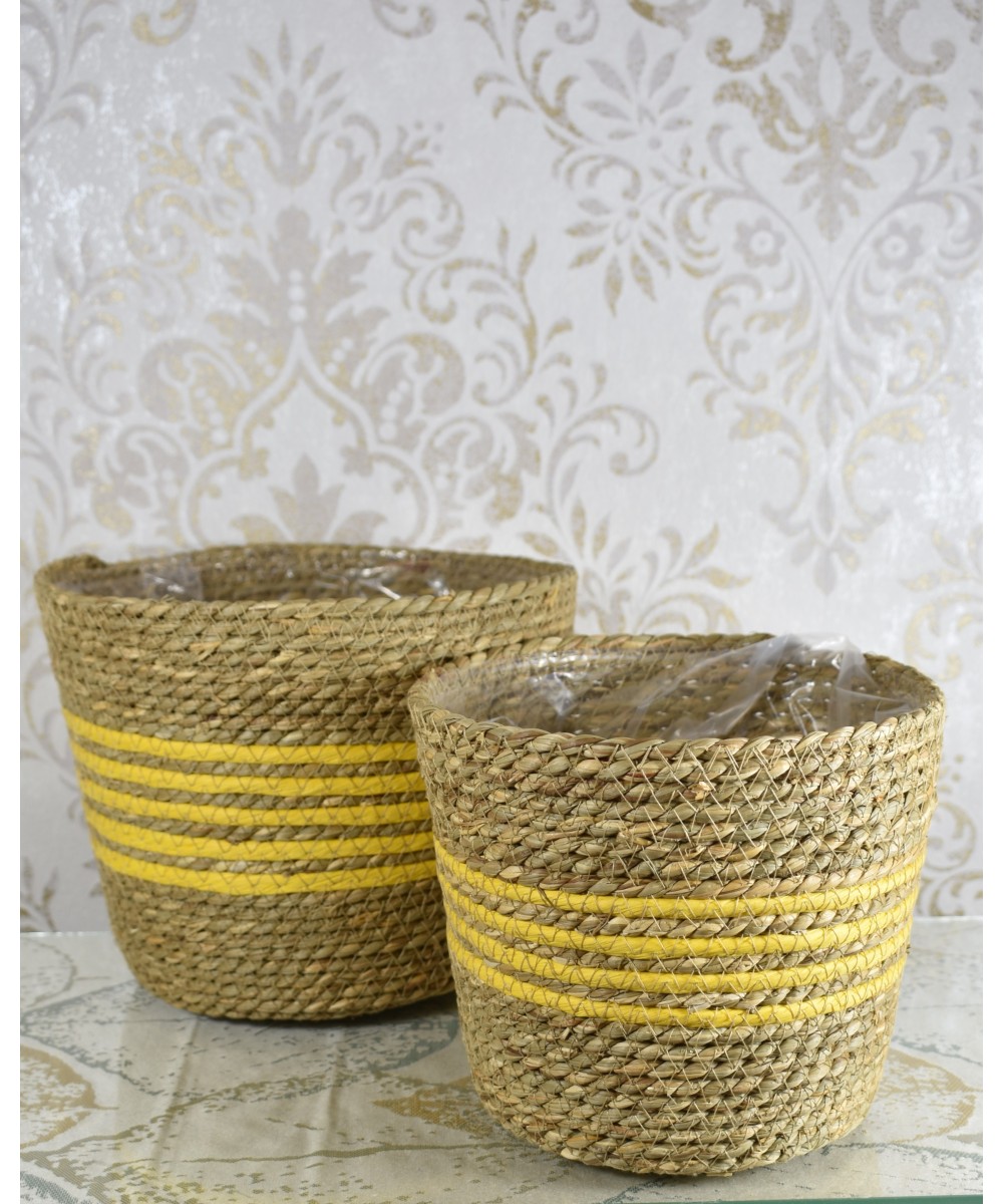 Maceteros de fibra natural amarillos | Cubremacetas decorativos artesanales