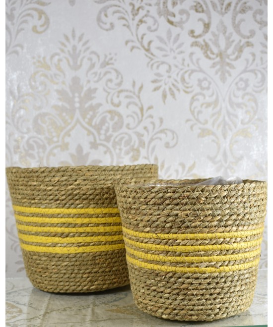 Maceteros de fibra natural amarillos | Cubremacetas decorativos artesanales