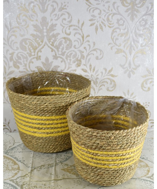 Maceteros de fibra natural amarillos | Cubremacetas decorativos artesanales