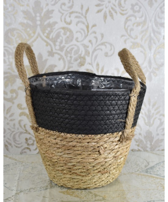 Macetero de fibra natural negro y natural | Cubremacetas decorativo con asas