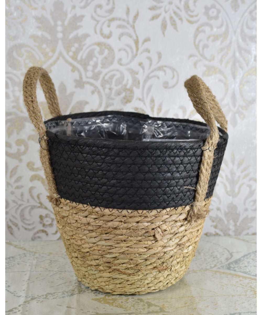 Macetero de fibra natural negro y natural | Cubremacetas decorativo con asas