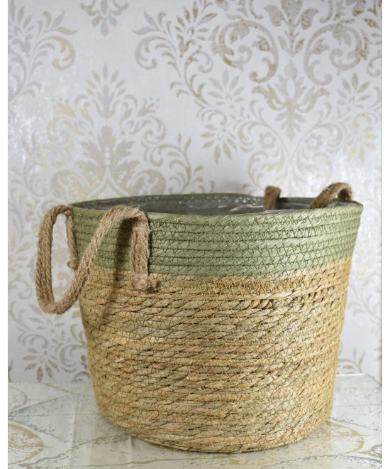 Macetero de fibra natural con asas | Cubremacetas decorativo bicolor