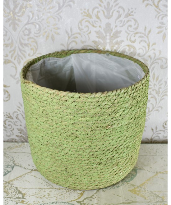 Macetero de fibra natural verde | Cubremacetas decorativo artesanal