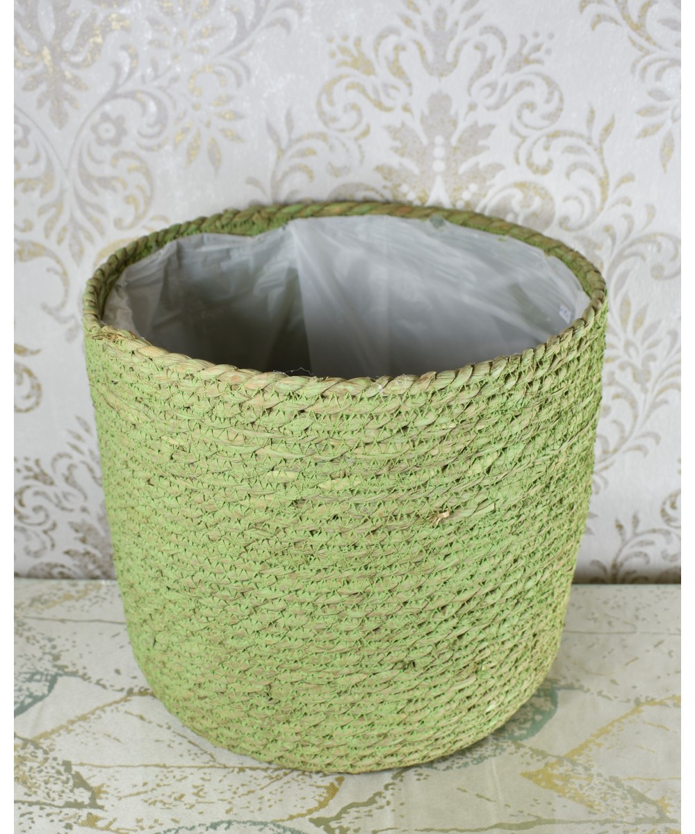 Macetero de fibra natural verde | Cubremacetas decorativo artesanal