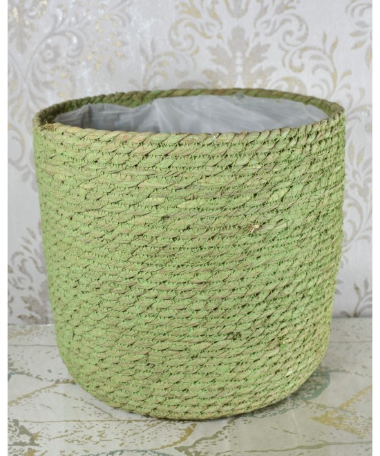 Macetero de fibra natural verde | Cubremacetas decorativo artesanal