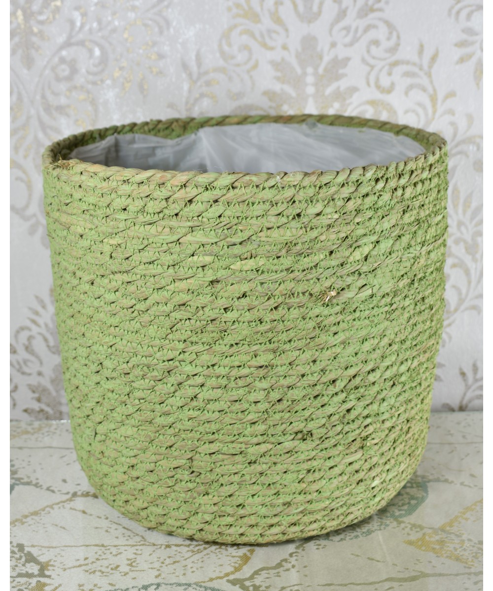 Macetero de fibra natural verde | Cubremacetas decorativo artesanal